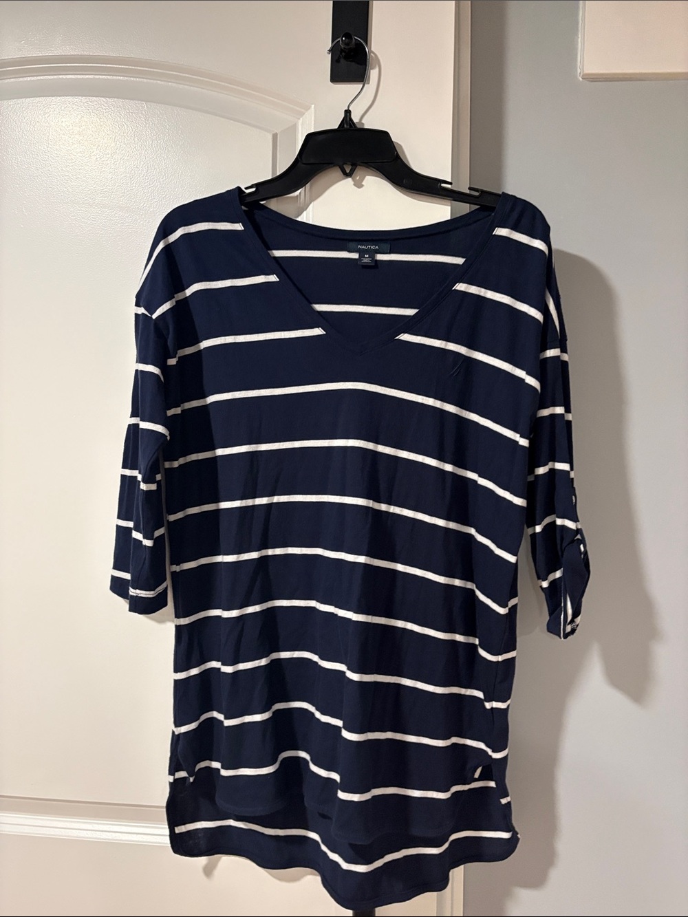 Nautica Navy and White Striped V-Neck Short Sleeve Tee